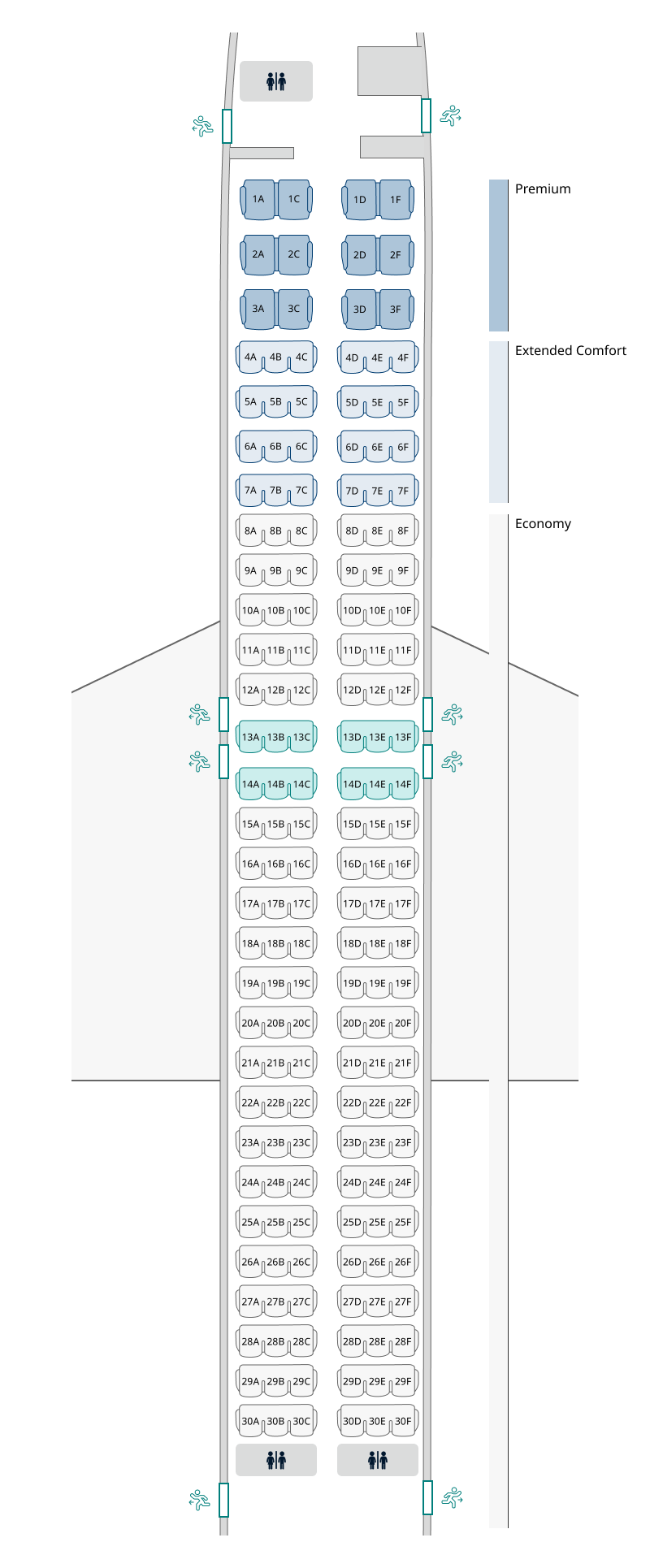 Seat map of 737-800 layout 1. Seat information available in table below